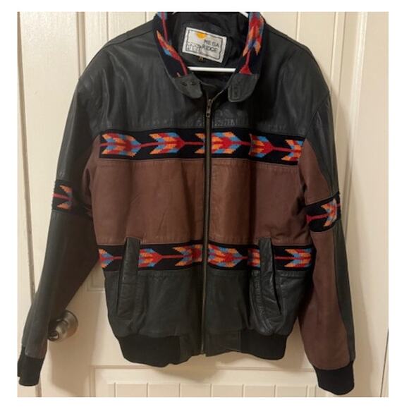 Vintage 90s Mesa Ridge Southwestern Aztec Embroidered Leather Jacket M - Picture 1 of 9